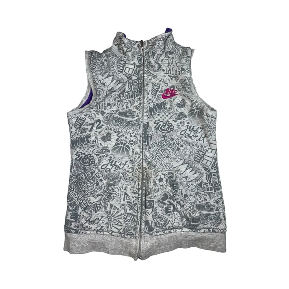 Nike Reversible Vest Girls 6X Purple Fleece Gray Doodle Full Zip Logo